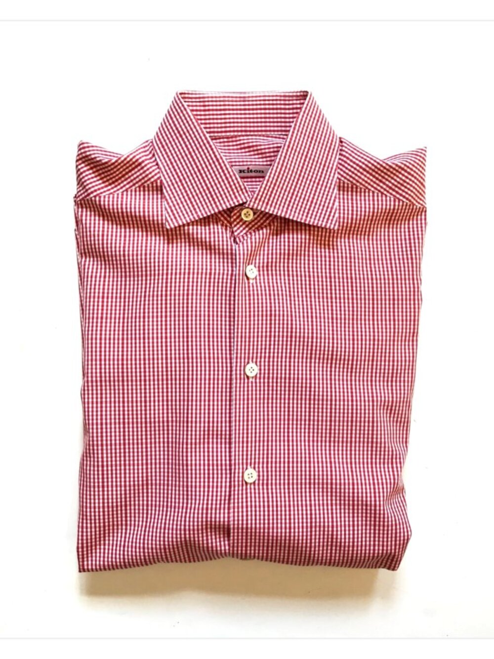 KITON Micro Check Button Down Sport Shirt Mens 40 Red White Cotton Long Sleeve
